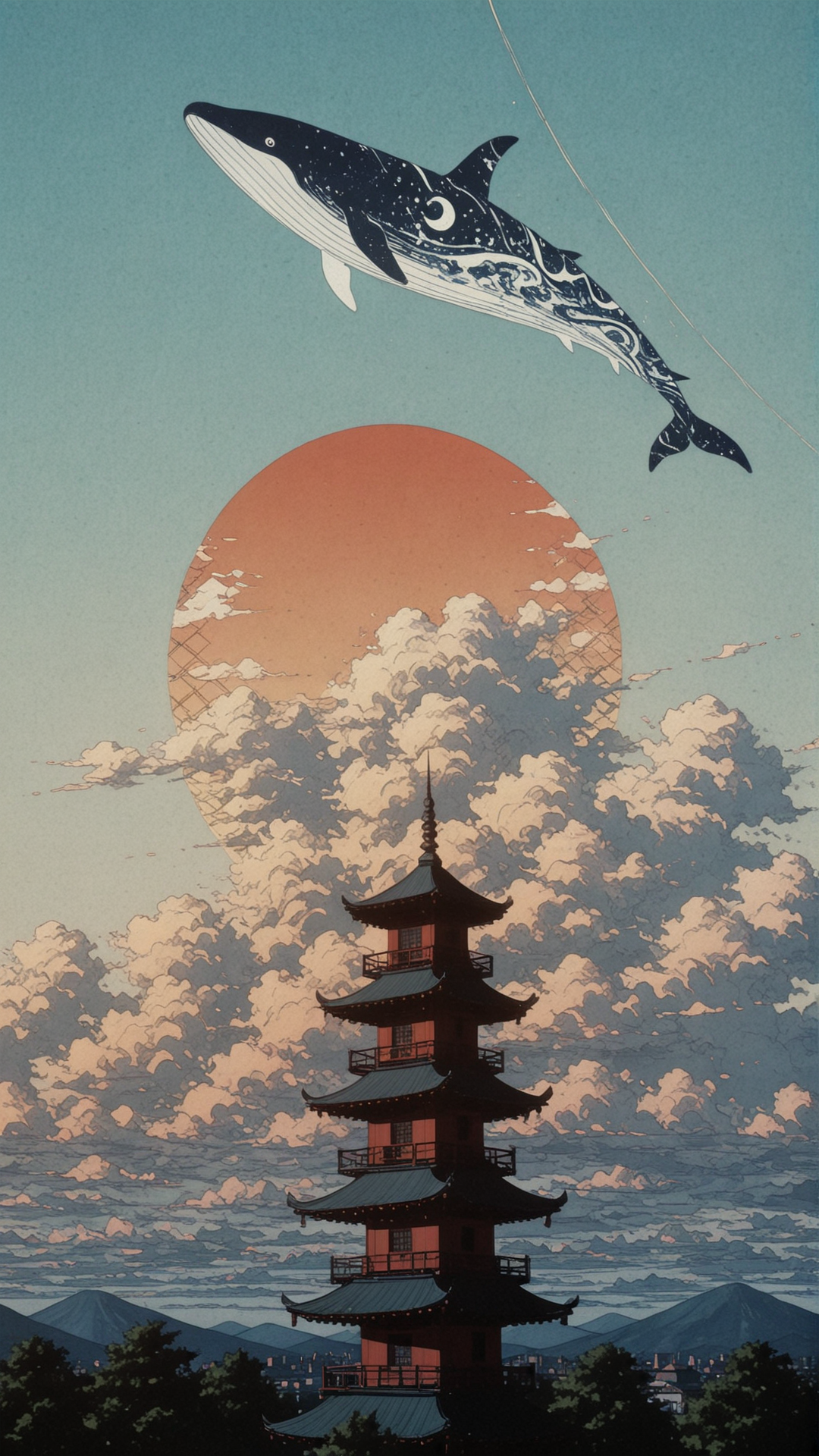 A large whale floating through the sky above a multi-story pagoda, with the whale's body decorated in patterns featuring stars, a crescent moon, and flowing wave-like designs across its surface. The pagoda tower rises prominently with its characteristic tiered roofs and red structural elements, while mountains and a cityscape stretch across the distant horizon. A large orange sun appears in the cloudy sky behind the whale, illuminating the billowing clouds throughout the scene. 