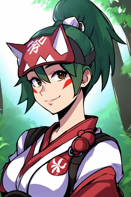 masterpiece, best quality, kiriko \(overwatch\), green hair, ponytail, facial mark, fox mask, half mask, short hair, brown eyes, white kimono, red skirt, medium breasts, upper body, portrait, smile, forest, shrine, akai style