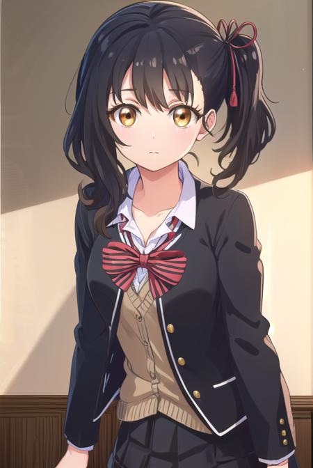 hasukikomai, <lora:hasuki komai s1-lora-nochekaiser:1>,
hasuki komai, (black hair:1.5), ribbon, (brown eyes:1.5), hair ribbon, side ponytail,
BREAK bow, school uniform, jacket, striped, bowtie, black jacket, blazer, striped bow, striped bowtie,
BREAK indoors, classroom,
BREAK looking at viewer, (cowboy shot:1.5),
BREAK <lyco:GoodHands-beta2:1>, (masterpiece:1.2), best quality, high resolution, unity 8k wallpaper, (illustration:0.8), (beautiful detailed eyes:1.6), extremely detailed face, perfect lighting, extremely detailed CG, (perfect hands, perfect anatomy),