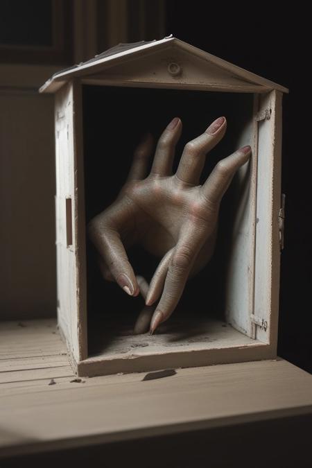dark moody unsettling and surreal Kodachrome photograph, original character, hasselblad, indoors, giant horrifying demonic hand reaching through doll house window, megalophobia, small world,