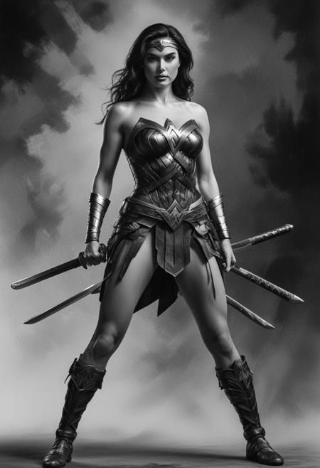 standing pose of Wonder Woman as a samurai,  she wears the classic samurai suit, professional studio quality image, heroic pose, dramatic lighting, ultra realistic photograph, professional art, black and white ink art painting