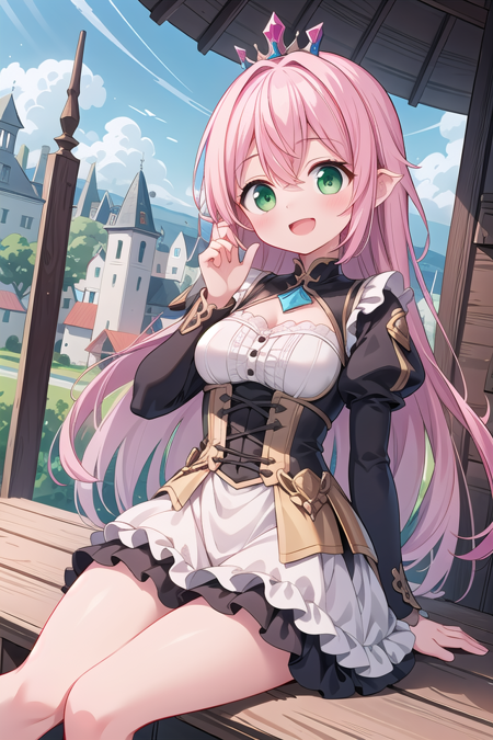 insanely detailed, absurdres, ultra-highres, ultra-detailed, best quality,
1girl, solo, nice hands, perfect hands,
BREAK
princess, princess dress with many frills, teara on hair,
happy smile, laugh, open mouth,
sitting, cute pose,
from below, cowboy shot,
BREAK
slender, kawaii, perfect symmetrical face, ultra cute girl, ultra cute face, ultra detailed eyes, ultra detailed hair, ultra cute, ultra beautiful,
BREAK
on roof of castle, (fantasy world, castle, panorama view:1.3), depth of field,
medium large breasts,
BREAK
pink hair, long hair, messy hair, green eyes, hair between eyes