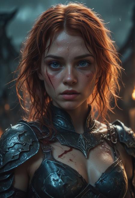 Ultra detailed digital art masterpiece Warrior girl dressed in a iron Armor, Standing on a bloody and stormy battlefield, standing in combat pose, dark fantasy medieval Town, perfect lighting, beautiful Sadie Sink as Warrior girl, attractive woman, elegant, unreal engine 5 nanite quality, mixed with dark elements, dark environment, very dark night, clean dark velour witch clothing, LOTR style, dark washed out eyeliner, no make up, natural bloody face, realistic blue eyes, ultra detailed atmospheric details, beautiful glowing effects, sparkle effects, realistic body proportions, beautiful face proportions, complex masterpiece, wavy red hair, creative glowing detailed tattoos, complex physics, enhanced colors, complimentary colors, ultra detailed raytracing reflections, Ultra detailed complex background, environment feels alive, direct eye contact, dramatic lighting, wet and sweaty skin, beautiful firm Breasts, Concept art portrait by Greg Rutkowski