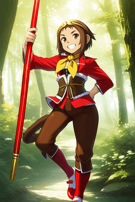 SonSon, monkey girl, (monkey tail), short hair, gold circlet, yellow ascot, brown pants, white socks, red chinese shoes, red tangzhuang, grin, brown eyes, outoors, chinese forest, red staff