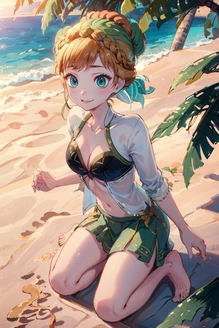 (masterpiece:1.4), (best qualit:1.4), (high resolution:1.4), anna of arendelle, light smile, <lora:anna_of_arendelle_v2:1>, white shirt, open shirt, green bikini, updo hair, beach, sand, palm tree, bare shoulders, barefoot,