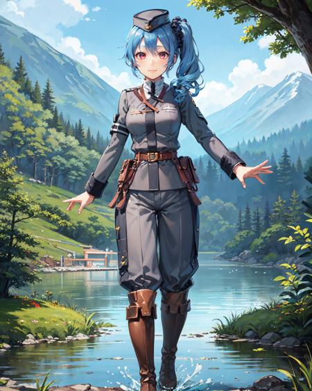 best quality, (masterpiece:1.2), illustration, absurdres,
(1girl), (solo), (beautiful detailed girl),  full body shot,,
<lora:ClaireRMP-08:0.8>, blue hair, side ponytail, scrunchie, red eyes, medium breasts,
garrison cap, grey headwear. grey military uniform, grey pants, purple belt, brown boots,
looking at viewer, gentle smile,
grassy mountains, trees, chinese architecture, river, plants,