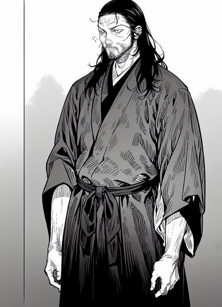 masterpiece, 1boy,  vagabond_style,  <lora:vagabond-30:1>, monochrome, japanese clothes, short beard, long hair, scar, cowboy shot,black kimono, scabbard