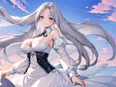 1girl, angel wings, bare shoulders, blue eyes, blue ribbon, cleavage, closed mouth, detached sleeves, dress, feathered wings, juliet sleeves, large breasts, long hair, long sleeves, looking at viewer, neck ribbon, puffy sleeves, ribbon, sky, smile, solo, very long hair, white dress, white hair, white wings, wings, yorktown ii \(azur lane\)