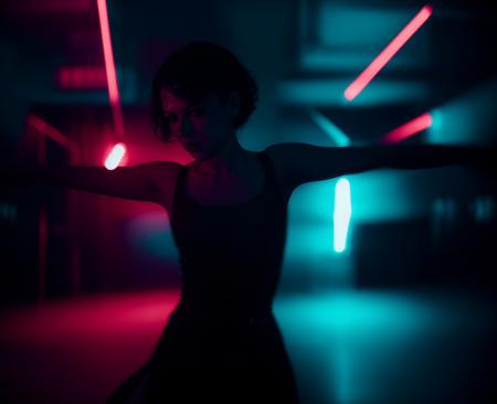 (motion blur, blurry, low shatterspeed:1.2), defocus, anamorphic lenses, flares, highlights, elegant posing photo of a woman standing in a dark room with blue lights, cyberpunk art by Elsa Bleda, neoism, dark dance photography aesthetic, cinematic light lighting, darkness aura red light,  <lora:Prismatia_yiu_v10:0.7>