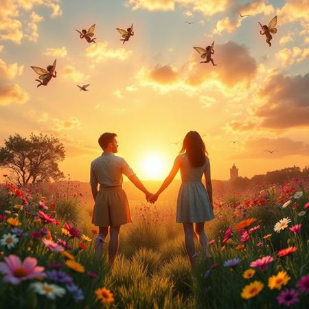 a couple holding hands facing the sunset in a meadow of colorful flowers and cupids and fairies are flying around above them