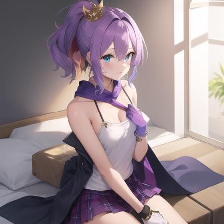 (masterpiece, best quality:1.2),illustration,8k,hd,1girl,solo,purple_hair,hair_ornament,ponytail,hair_ribbon,bangs,green_eyes,mini_crown,hair_between_eyes,blue_eyes,gloves,plaid_skirt,single_glove,white_gloves,jewelry,medium_breasts,bracelet,white_camisole,cross_hair_ornament,purple_skirt,<lora:Javelin:0.8>,