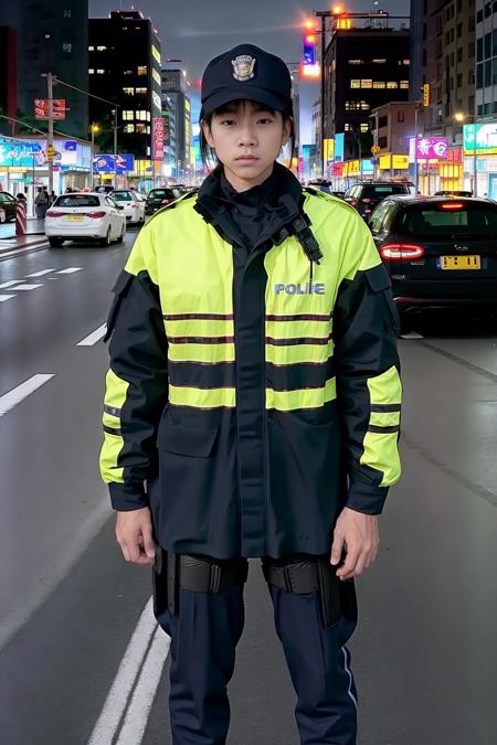 copcop,yellow fluorescent,Capture the vigilant scene of a police officer on patrol duty. The scene should be hyper-realistic, with a high level of detail and resolution. The police officer should be the central focus, his alert gaze scanning the surroundings. The lighting should be natural and clear, casting long shadows and highlighting the officer's uniform. The colors should be realistic and muted, with the blues and blacks of the officer's uniform contrasting with the urban environment. The composition should be a wide shot, capturing the full scope of the patrol scene. Use a high-quality camera with a fast shutter speed to capture the moment in sharp detail, BestQuality / (extremely detailed CG unity 8k wallpaper), best quality, masterpiece , hdr, best quality, ultra highres