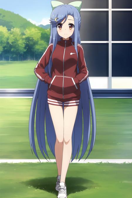 best quality,masterpiece,looking at viewer,huge filesize,full body, 
 Red Sporty Tracksuit, <lora:007-æ¶åæç©ºçæ¡¥-è¤å éé³V2:0.7> toudou kasane,blue hair,long hair,hair ornament,hairclip,bow,crescent,hair bow,crescent hair ornament,very long hair,brown eyes,