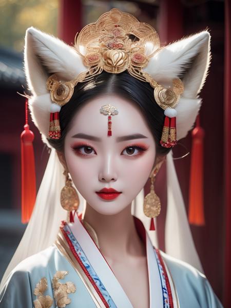 A very coquittish girl, sexy beautiful, big eyes, lancet eyebrows, foxy eyes, wearing gorgeous Hanfu, gorgeous headdress, gorgeous light, in line with the description of the fox goddess Daji in the ancient Chinese myth "The List of Gods". Behind him is an abstract white fox with nine tails (Beijing Opera facial makeup style), a full-body shot that blends tradition and modernity<lora:neg4all_bdsqlsz_xl_V6:1>