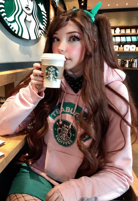 Belle Delphine, a woman sitting in a starbucks cafe drinking coffee