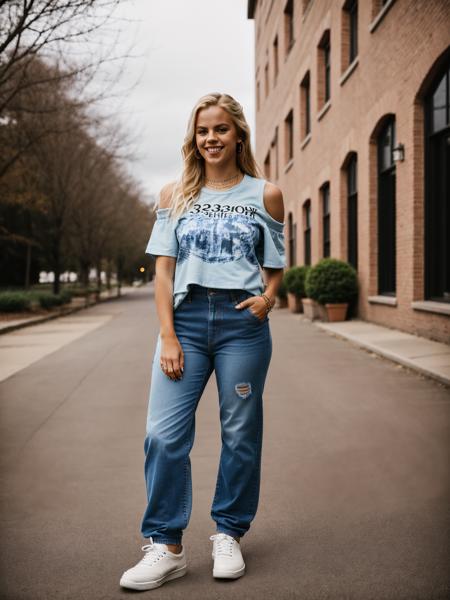 Realistic photo of a beautiful r3n33r woman, 1girl,solo,long hair,looking at viewer,smile,(((blonde hair))),shirt,jewelry,standing,jacket,full body,short sleeves,parted lips,shoes,pants,necklace,off shoulder,english text,lips,black jacket,black shirt,denim,t-shirt,sneakers,jeans,realistic,hands in pockets,blue pants,print shirt, soft lighting, professional Photography, Photorealistic, detailed, RAW, analog, sharp focus, 8k, HD, high quality, masterpiece<lora:r3n33r:1.0><lora:r3n33r:1.0>