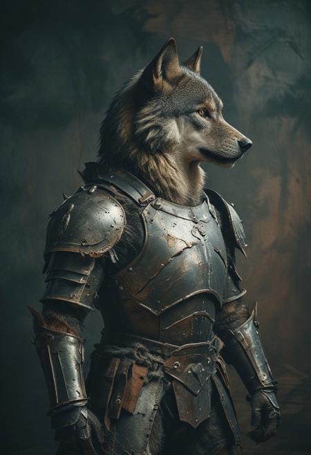 a wolf in iron armour, studio background, high-contrast palette, subtle grain, cinematic quality, modern art photograph