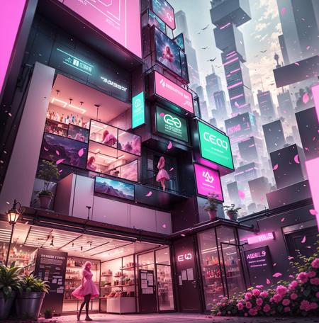 1 girl, pink dress,fantasty hair , neon building<lora:mirror:0.4>