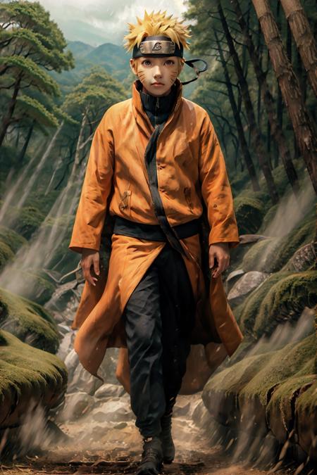 naruto, 1boy, solo, male focus, nature, forest, tree, walking, facial mark, outdoors, long sleeves