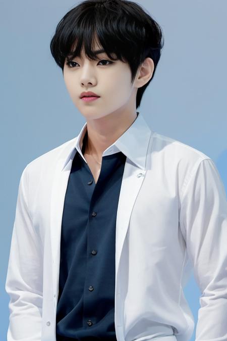 (1boy), (best quality), (masterpiece), (high resolutionsolo), <lora:kboys:0.5>
solo, shirt, male focus, white shirt, blue background, black hair, looking at viewer, simple background, upper body, collared shirt, black eyes