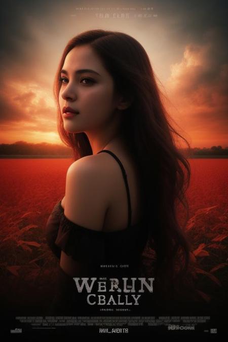 movieposter, Embrace the surreal aesthetic with hyperkraximalism as vibrant hues dance around her figure, evoking the fluidity of water and the gentle sway of leaves. In this medium portrait shot, a soft rim light gently illuminates her silhouette against a backdrop of shadow, casting an enigmatic aura. Surreal and captivating, this artwork invites viewers to explore the boundary between reality and the uncanny, where clouds merge with dreams and colors paint a film grain, closeup, medium shoot, mesmerizing  scene., cinematic Impressionism, masterpiece layout design, cinematic cloud of red smoke font design, movie poster design , 100 shade of Darkness