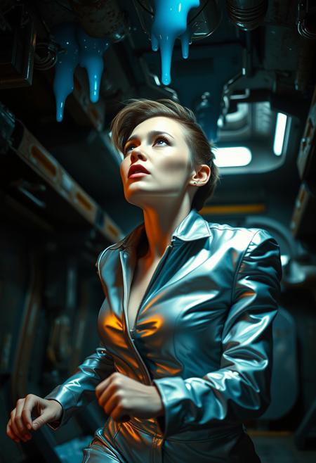 Vintage 1980s sci-fi movie still, dynamic action pose, closeup half-body portrait of scared model running dressed in a futuristic silver business suit of unknown material, futuristic haircut, bathed in rim and ambient light to accentuate expression, she is looking up at shiny blue slime dripping from ceiling in rusty spaceship cargo bay, cinematic light scheme capturing the quintessence of the early 1980s aesthetic, perfect face, photorealistic, digital painting, ambient occlusion, neon palette, chromatic aberration, soft focus, cinematic grading, VHS grain texture, retro, vintage