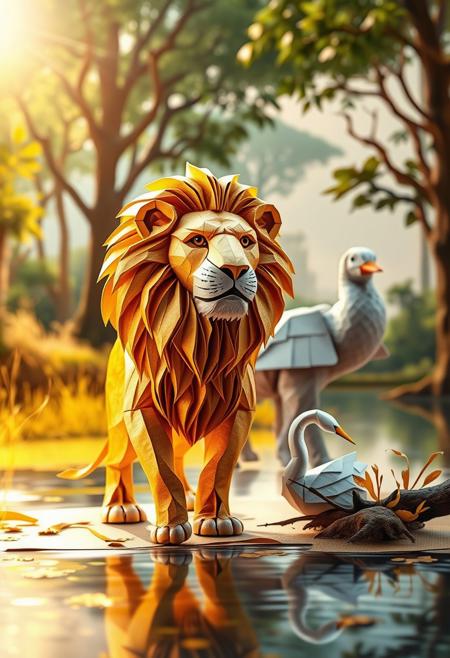 A majestic lion crafted entirely from intricate folds of golden paper, standing proudly in a sunlit savanna with a soft breeze ruffling its mane. The character turn the face and watch the camera
A graceful elephant made from layered gray paper, with delicate creases mimicking wrinkles, walking through a lush forest illuminated by dappled sunlight. The character turn the face and watch the camera
A serene swan formed from crisp white origami paper, gliding effortlessly across a calm lake reflecting its delicate curves. The character show her wings in the water
An owl crafted from textured, multi-colored paper quills, perched on a branch under a starry sky, its wide eyes glinting with detail. The character open and close the eyes.
Add martinoz pizza space at top. I want to add advertisement Logo on RIght size and display BOGO text.