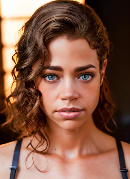 portrait of skswoman, skeptical , wearing lingerie , with ash brown Curly hair , background gothic epic (photo, studio lighting, hard light, sony a7, 50 mm, matte skin, pores, colors, hyperdetailed, hyperrealistic), <lyco:Denise RichardsV3:1.3>