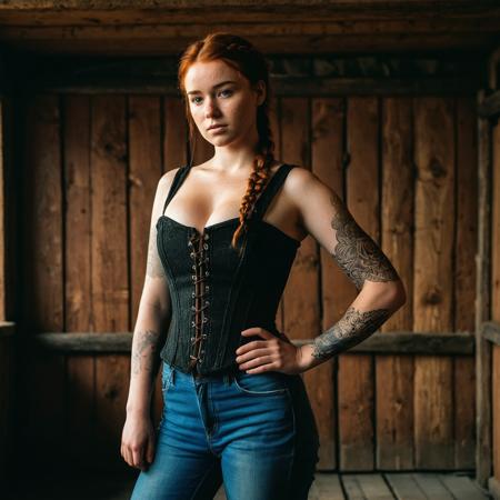 RAW full body analogue photo of a beautiful 20 years old woman, clear focus, 8K,__Random_Woman__,(background is a Rustic barn interior at dawn, dust particles dancing in golden light streaming through cracked window, worn wooden floorboards, vintage farming tools hanging on stone walls, woman in black lace corset and high-waisted jeans standing by antique plough, arms crossed, defiant expression, long French braid natural breasts, perky breasts, thicc, soft body,  gopro photo of an 20 yo woman, ((shoulder tattoos, sleeve tattoos)), blushing, shadow, hard light, dark background, vibrant tones, clean lines, minimalistic, artistic, abstract forms, modern design, dynamic angles, textured surfaces, contrasting hues, 50mm lens, f/8, eye-catching patterns, striking, crisp edges, imaginative ,photo Fantasy art combining the styles of Boris Vellejo and Luis Royo,Photorealistic, real photo, god rays, 1girl, 21yo,realistic, ,Sexy pose, erotic pose, exhibitionism ,Enchanted grove