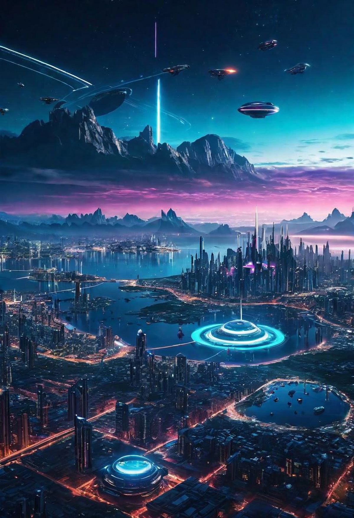 Futuristic Cityscape with Alien Spaceships and Futuristic Buildings at Night