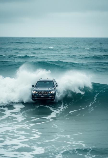 car surfing on huge ocean waves, cloudy weather, water splashes, car driving on waves