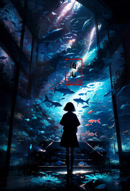 1girl, fish, stairs, scenery, solo, skirt, railing, black hair, standing, school uniform, short hair, aquarium, underwater, serafuku, black skirt, wide shot, jellyfish, shoes, pleated skirt, bubble, from behind, coral, facing away, shirt, socks,
<lora:~Q?-mw^NuL Underwater world:0.8>