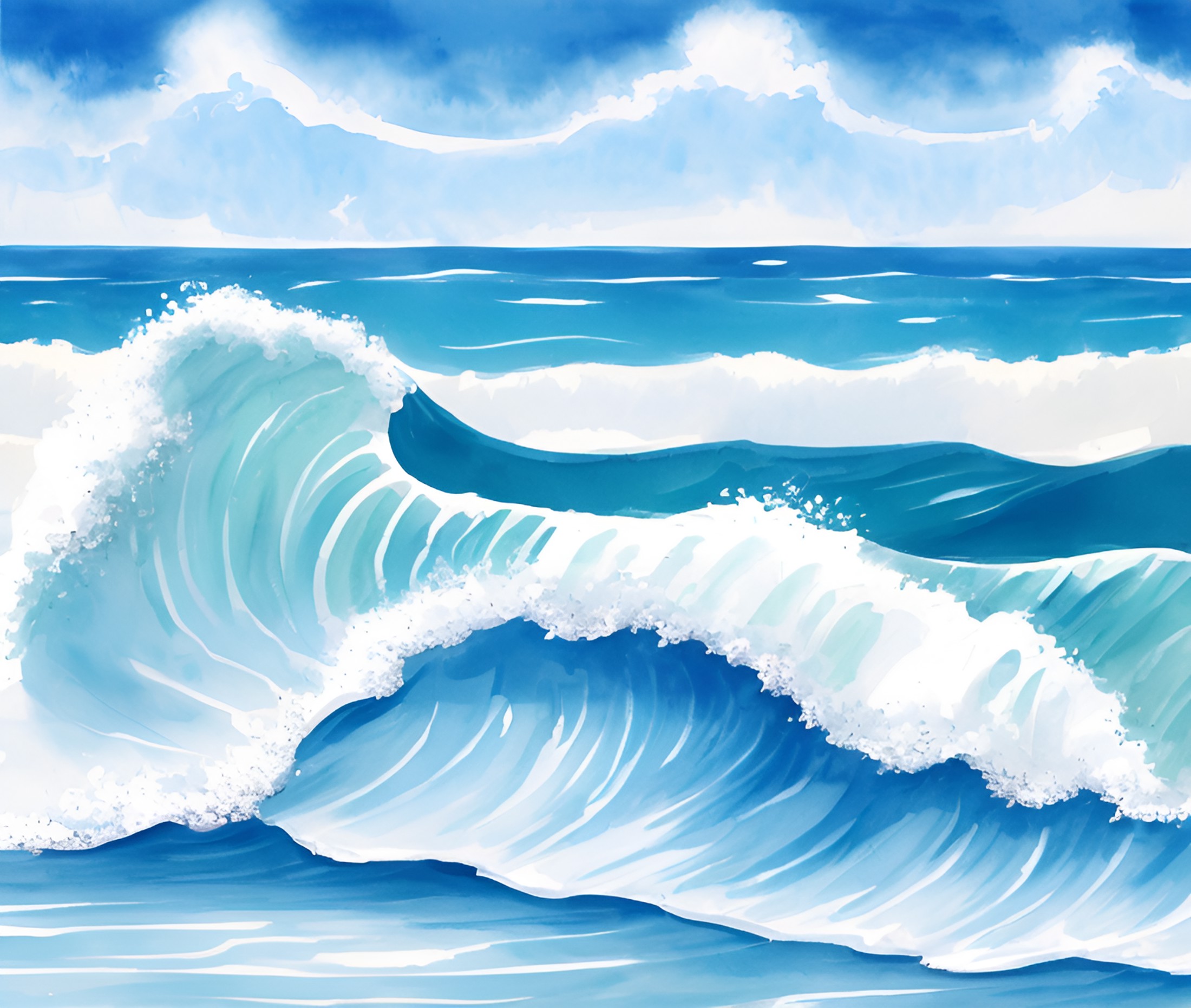 wat3rc0l0r, wc_soft_washes, wc_wet-on-wet, scenery, ocean, blue sky, clouds, foaming waves, beach, background white patter...