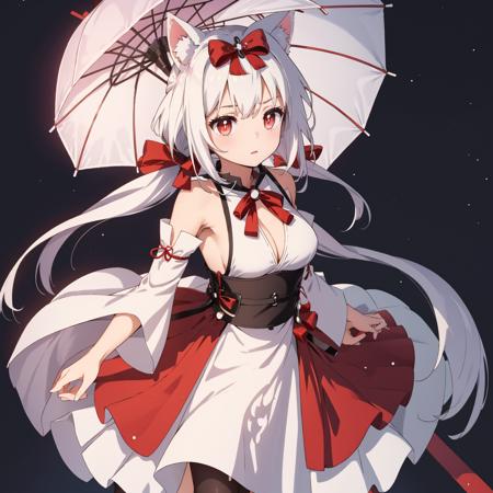 1girl, solo, long hair, looking at viewer, blush, smile, open mouth, skirt, simple background, red eyes, white background, bow, ribbon, cleavage, hair between eyes, bare shoulders, twintails, medium breasts, very long hair, hair ribbon, white hair, :d, hair bow, detached sleeves, fang, hand up, wide sleeves, bag, red bow, animal ear fluff, red skirt, low twintails, cleavage cutout, finger to mouth, cat ears, <lora:EMS-34881-EMS:0.700000>