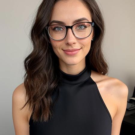 20 year old, European, petite, 100 lbs, woman, b cup breasts, classy, sexy, luxury, natural lighting, natural makeup, curled hair, dirty blond, clean background, love in her eyes, full body, light freckles, full body, slight smile, nerdy, glasses, zoomed out, black halter neck dress