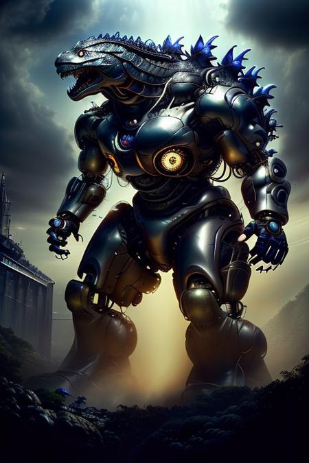cinematic film still silverpulse, cyborg Godzilla, simple background, high quality, artistic, vibrant colors, detailed textures. futuristic sleek/glossy silver and blue glow, vibrant colors, detailed textures., Concept art, cyborg, background, vintage, modern, SilverPulse, <lora:SilverPulseMorphXL:0.8>, excellent composition, artistic, highly detail, holy, sunny, dynamic dramatic beautiful full taking . shallow depth of field, vignette, highly detailed, high budget, bokeh, cinemascope, moody, epic, gorgeous, film grain, grainy, front view,
