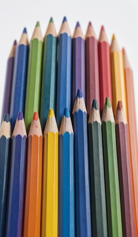 (macro shot:1.6), row of rainbow colored pencils, symmetric row, pointing upwards, on white background, top view, film, cinematic look, focus stacking, dslr, white space on top