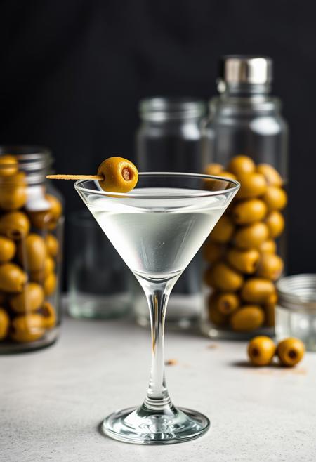 a mid shot view of two, transparent martini glasses. One glass, in the foreground, contains a clear liquid and an olive on a toothpick. In the background, there is a jar filled with olives, another glass container, and a cocktail shaker. foodstyle. This photo is used for food photography.