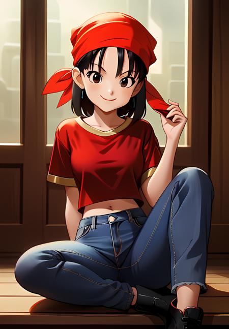 Pan red shirt, jeans, bandana, black Hair, 