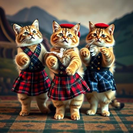 Create a funny video in which three cats dressed in traditional Scottish skirts and berets dance a Scottish dance. Seals can move to the beat of the music, performing characteristic movements such as jumping and twisting. The background should be colorful and atmospheric, perhaps featuring Scottish landscapes or patterns. Add some fun elements: cats can take a break from playing and suddenly start dancing again. The whole video should convey an atmosphere of joy and fun, with cute and funny moments that emphasize the charisma of each of the cats.
