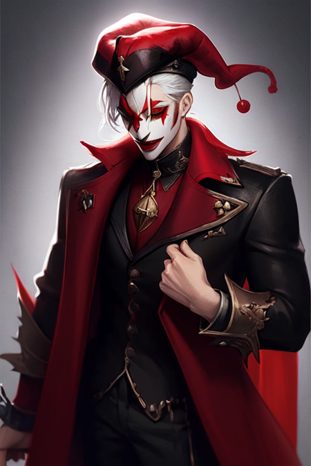 demon, jester, white hair,  sharp teeths, skinny, clown, red and black outfit, coat, tight breeches, cap'n'bells, chess pant