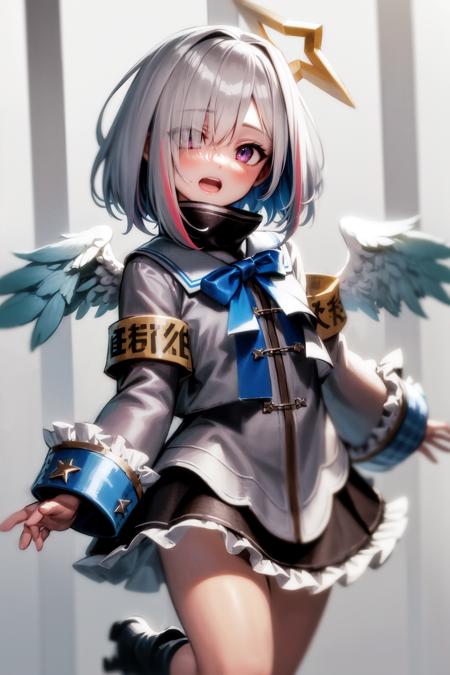 best quality, highres, 1girl, amane kanata, star halo, virtual youtuber, solo, wings, halo, feathered wings, angel, angel wings, multicolored hair, colored inner hair, asymmetrical hair, single hair intake, purple eyes, armband, short hair, blue hair, grey hair, boots, socks, long sleeves, grey jacket, skirt, bob cut, jacket, streaked hair, bangs, frills, black footwear, wide sleeves, white wings, mini wings, black skirt, hair over one eye, frilled skirt, blue socks, sleeves past wrists, turtleneck dress, short dress, miniskirt, blue wings, <lora:amane_kanata_(short_hair)_v1:0.7>, cowboy shot