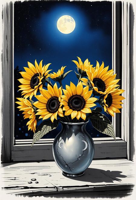 A serene still-life painting of sunflowers in a vintage ceramic vase under moonlight. The golden petals shimmer softly against a deep indigo night sky, with silvery moonbeams illuminating dew drops on the petals and leaves. The vase, adorned with crescent moon motifs and faded cracks, sits on a windowsill overlooking a quiet moonlit garden. Delicate shadows stretch across a weathered wooden surface, blending with hints of starry constellations in the background. Style: Ethereal realism with subtle metallic accents and muted, dreamlike tones.
<lora:FLUX-daubrez-DB4RZ-v2:0.35> DB4RZ, DB4RZ style painting <lora:illustration004:0.8> illustration004 chaotic expressive line-art scribbled and erratic strokes monochromatic black ink <lora:Scribble Portrait Drawing:0.35> Drawing <lora:aidmaMJ6.1_v0.5_3:0.35> aidmamj6.1, aidmamj6, mystcorbCE_style