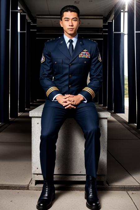 RAW photo, absurdres, high quality, photorealistic, sharp focus, airforce_uniform, 
portrait of a man wearing an air force uniform, looking at viewer, upper body, pants, boots, sitting, 
outdoors, sunlight, 
photo realism, ultra-detailed, 50mm, f1. 4, 8k uhd, film grain, 
 <lora:airforce:1>