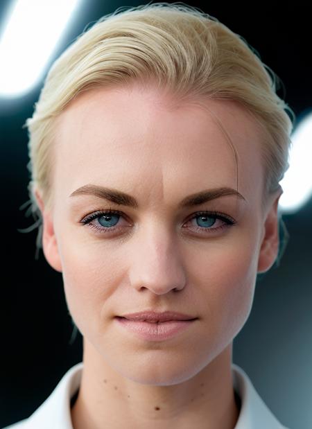 portrait of skswoman, hurt , wearing business attire , with Feathered haircut , background lunar base epic (photo, studio lighting, hard light, sony a7, 50 mm, matte skin, pores, colors, hyperdetailed, hyperrealistic), <lyco:Yvonne StrahovskiV3:1.2>