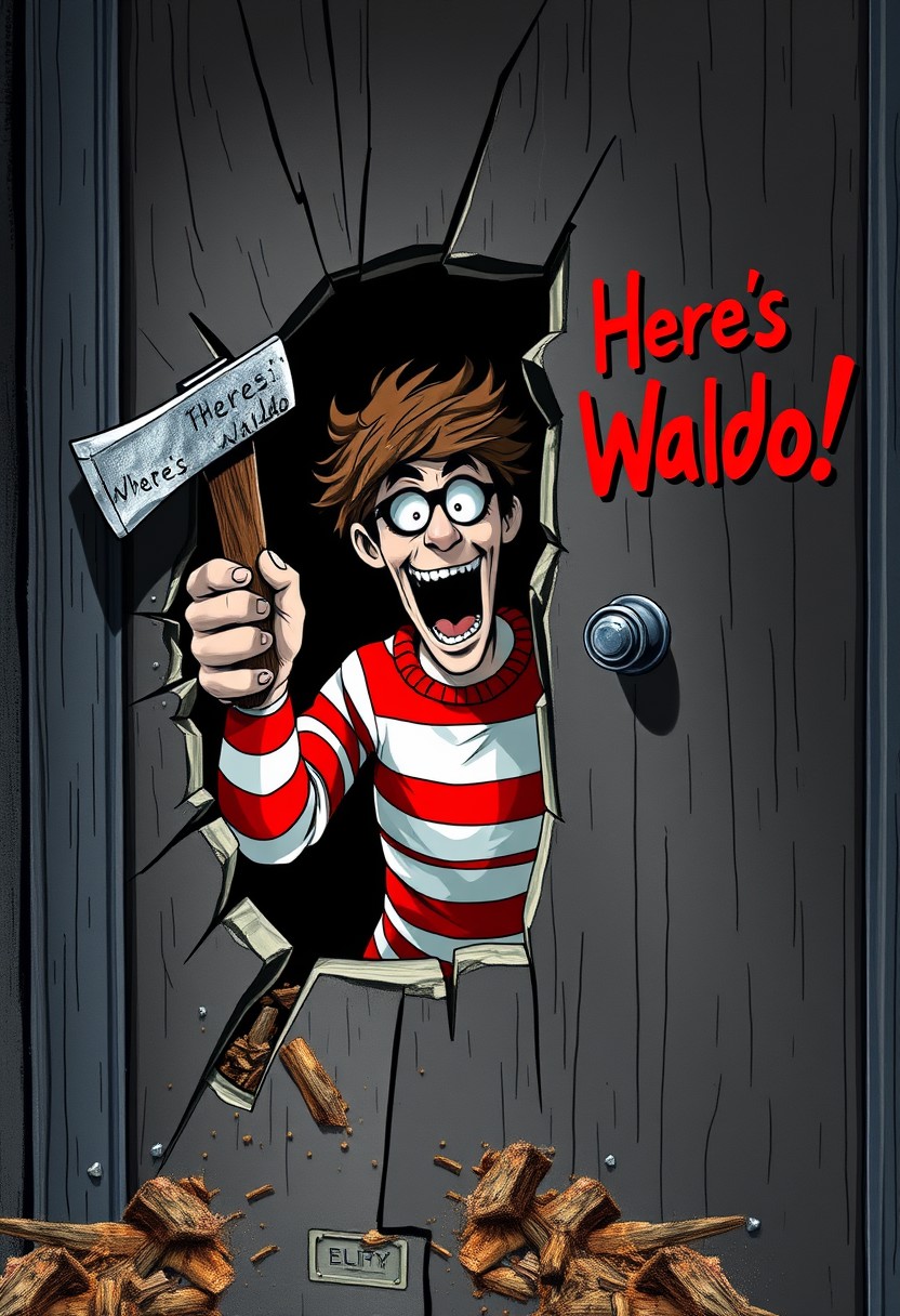 "Iconic scene from The Shining, reimagined with Waldo from the Where's Waldo books as the main antagonist. Waldo is desperately trying to force the door open, axe in hand, chopping a hole through the middle of the door. He's staring through the hole, his eyes wild and maniacal, as he prepares to burst through. The door is splintered and broken, with wood shavings and debris scattered everywhere. Waldo's signature red and white striped shirt is visible through the hole, and his bobble hat is askew, adding to his crazed appearance. The phrase "Here's Waldo!" is written in bold, blood-red letters on the door, replacing the original phrase. Style: dark, ominous, and highly detailed, with a focus on capturing the intensity and menace of Waldo's character in this iconic horror scene."