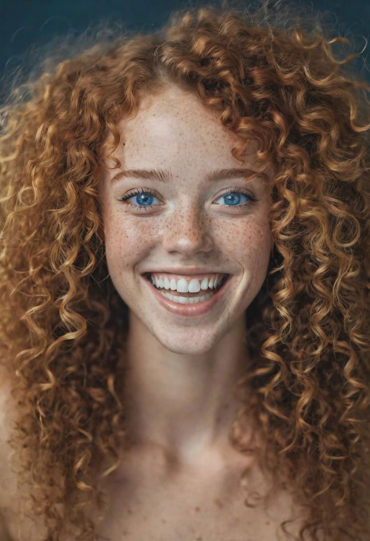A smiling girl with freckles and curly red hair.