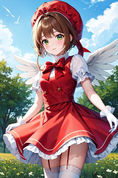 masterpiece, best quality, highres, kinomoto sakura, 1girl, brown hair, short hair, antenna hair, red headwear, green eyes, frills, red dress, puffy short sleeves, white gloves, red bow, white thighhighs, wings, <lora:kinomoto_sakura_v1:0.7>, cowboy shot, standing, outdoors, field,