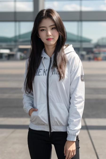 masterpiece, best quality, ultra-detailed, ultra high res, (photorealistic:1.4), raw photo, (realistic:0.2), 8k HDR, perfect lighting, 1girl, solo, looking at viewer, (casual clothes, hoodie jacket, black skinny jeans), outdoor, (airport), scattered cloud, upper body, lower body, blonde hair, asymmetrical long hair, (detailed oily skin), (detailed face), (detailed background :1.1), hands in pocket, high-end makeup,