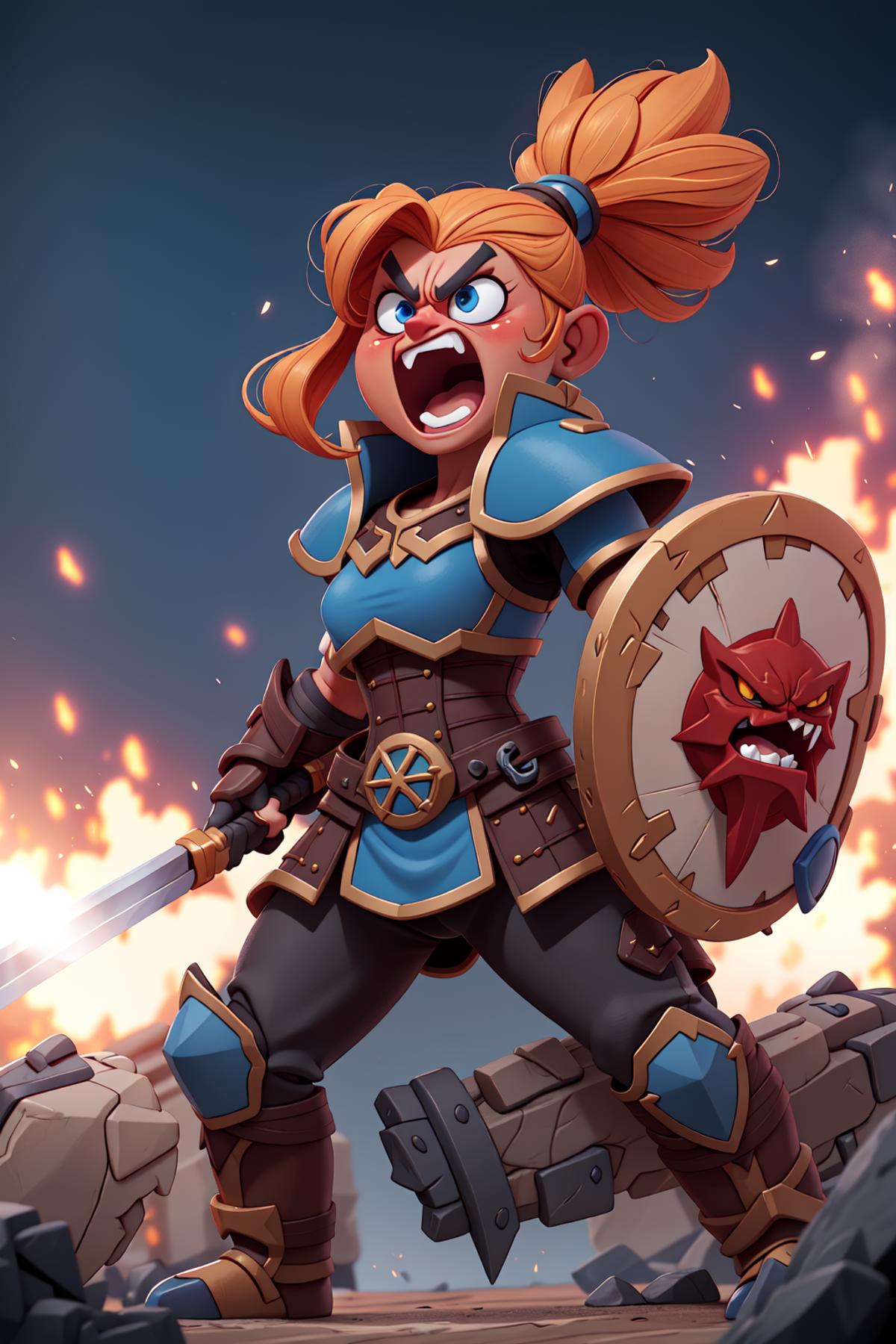 Angry Cartoon Warrior Woman with Blue Armor and Shield, Holding a Sword